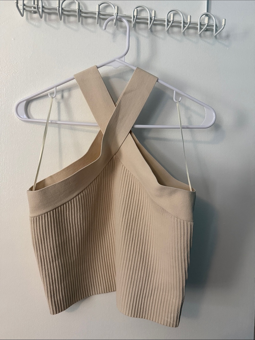 NWOT Ribbed Cross-Back Crop Top in Beige